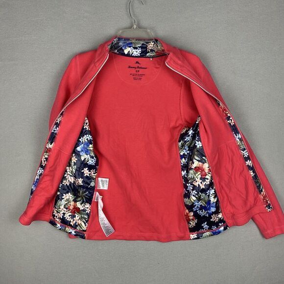 Tommy Bahama Floral Collar And Sides Full Zip Sweater Knit Jacket Small Pink - Picture 2 of 7